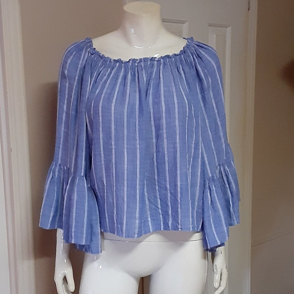 Elan Blue & White Bell Sleeve Off Shoulder Blouse
